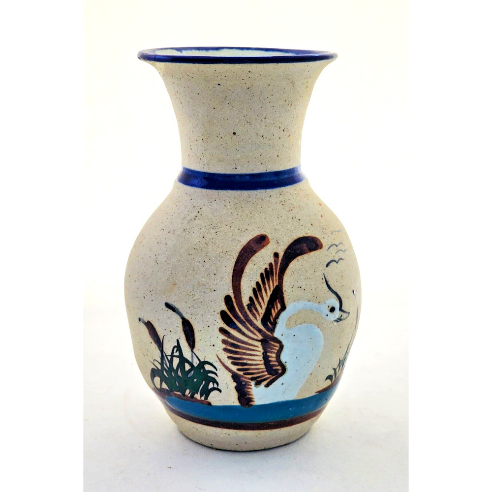 Vase-Tonala-Mexican-Cream Rough Finish-Blue Trim-Bird-Hand Painted-8" Tall